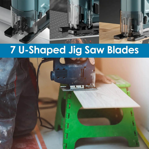 Top Shelf 24 Piece High Carbon Steel Jigsaw Blade Set Packing Killer U Shank Design For Savage Cuts Through Wood Metal And Plastic With Assorted Tooth Counts For Pro Level Garage Projects, U-shaped blades in use cutting wood.