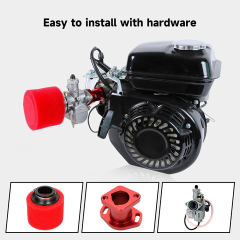 VM22 Racing Performance Carburetor For Predator 212cc And 196cc Clone Engines with intake manifold and 38mm air filter, red.