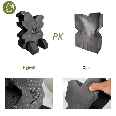 Comparison image of Two Height Foam Bench Rest With Base For Shooting and generic foam block, highlighting moisture resistance.