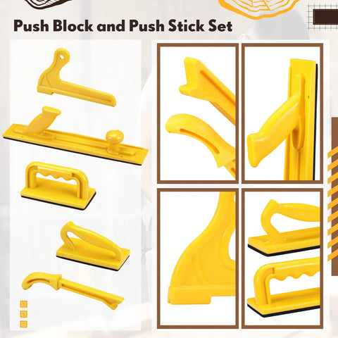 Image of a 5 Piece Push Block and Push Stick Set for Table Saws and Woodworking Tools, featuring various shapes and sizes
