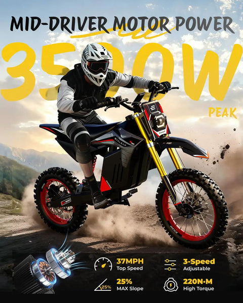 Rider on Power Packed 3500W Peak Electric Dirt Bike for Teens and Adults, Hits Up To 37 MPH, 55 Mile Range, off-road terrain