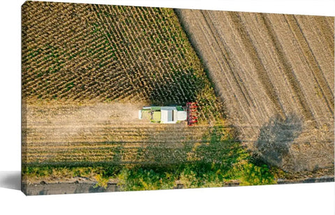 Epic Aerial View Of A Combine Harvester Harvesting Maize Canvas Wall Art 24x48 In Gallery Wrapped Canvas Print showing farmland