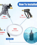 Diagram showing installation of a pressure washer siphon hose filter set with pump, gun, injector, and filter positions.