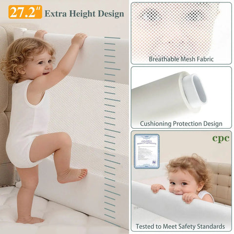 3 Piece Bed Rail Set For Toddlers That Fits King Size Beds With Seamless Fit And Double Lock Safety Breathable Mesh Cover