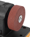 Close-up of Pissente 18V Cordless Mini Bench Grinder with abrasive wheel for precision sharpening and grinding tasks.
