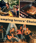 Campers by fire using Cast Iron Camp Pie Cooker Set Of 2 For Campfire Sandwiches And Pies, Preseasoned Square Pie Irons.