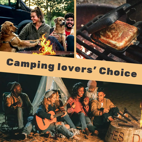Campers by fire using Cast Iron Camp Pie Cooker Set Of 2 For Campfire Sandwiches And Pies, Preseasoned Square Pie Irons.