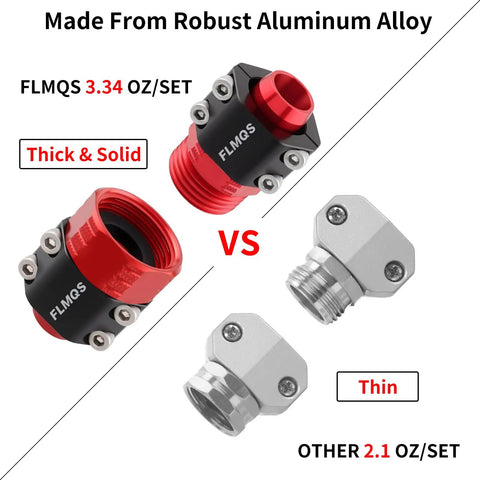 Comparison of robust aluminum garden hose repair kit with connectors vs lighter aluminum set, showcasing thickness and weight differences.