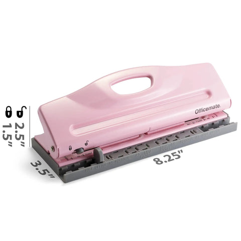 Adjustable 6 Hole Punch For Planners And Binders With 8 Sheet Capacity In Pink A5 Ready, front view showing dimensions and handle