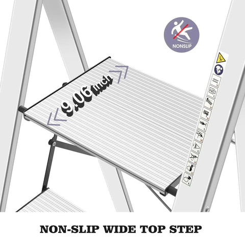 Lightweight Aluminum 4 Step Ladder With Non Slip Pedals And Built In Handrail Foldable Space Saving Step Stool For Kitchen Garage And Home Durable Portable Rust Proof Design For Safer Reaches, 9.06 in wide top step