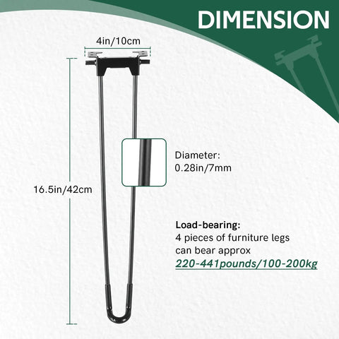 Built Tough 16.5 Inch Folding Hairpin Legs Four Pack Heavy Duty Iron Coffee Table Base Matte Black Finish dimensions and load specifications.