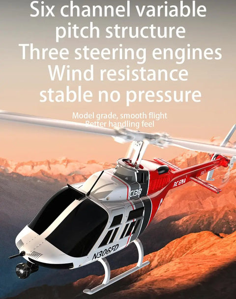 C138 RC Helicopter 2.4G 6CH 6-Axis Gyro Altitude Hold RTF with 3D Roll featuring six channel variable pitch structure.