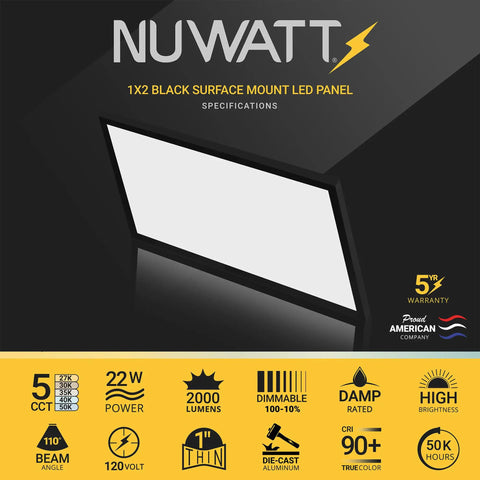 1x2 Ft LED Surface Mount Panel Light With 5 CCT Options 2700K 3000K 3500K 4000K 5000K Dimmable 22W 2000 Lumens 120V Indoor Ceiling Fixture Black Flush Mount 1 Inch Thick Trim High CRI90