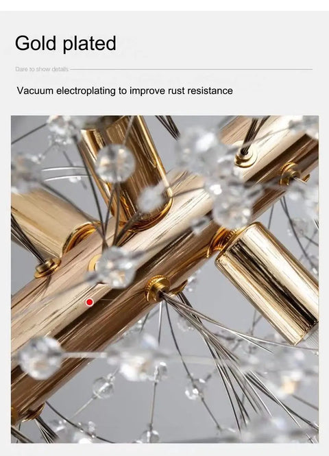 Close-up of gold-plated rods of Crystal Bubble Sputnik Chandelier With Dope Firework Lights, showcasing electroplating details.