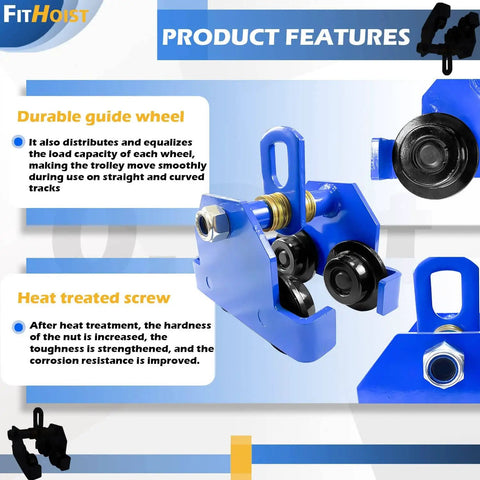 Close-up of blue Beefy 2 Ton Steel Push Beam Trolley with guide wheels for beams 3.9 to 5.9 in flange, 4400 lbs capacity.