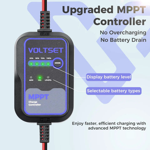 Close-up of MPPT controller from 30W 12V Solar Panel Kit, showing battery level display and selectable battery types.