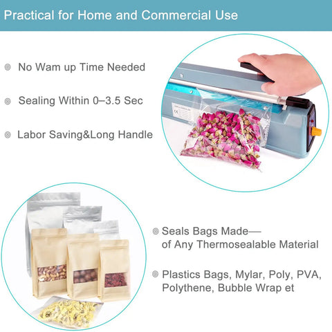 Impulse Sealer 16 Inch Workhorse Heat Sealer for Plastic Bags and Mylar Bags with sealed bags of snacks shown in use
