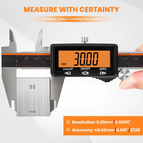 Rechargeable Digital Caliper With Type C Fast Charge And Auto Off, large orange screen displaying 30.00mm for precision