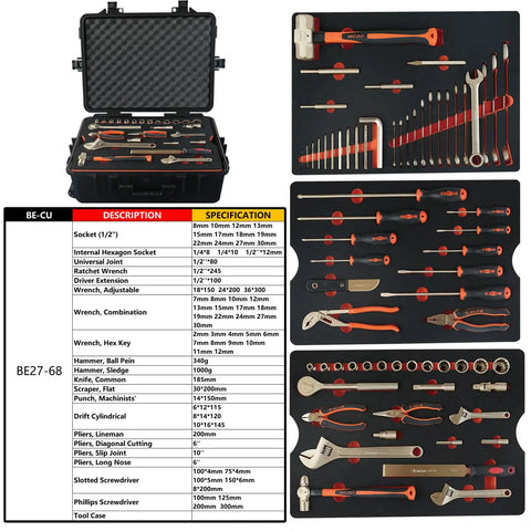 68 Piece Non Sparking Tool Set Built Tough With Beryllium Copper Construction displayed in case with specifications chart