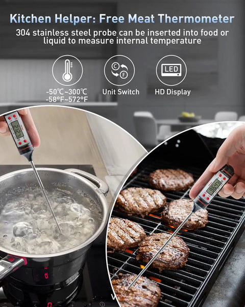 3 In 1 Infrared Thermometer Gun For Cooking, Grilling, Pizza Oven And Engine, Must Have Quick Minus 58F To 1112F Readings In 0.5s, Adjustable Emissivity, Pro Grade Digital Laser Temperature Gun, Includes Meat Probe And Carry Case, with stainless steel probe