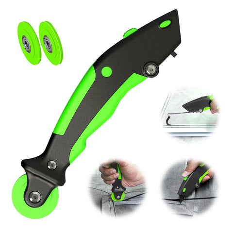 Sweet 3 In 1 Window Screen Roller Tool With 3 Interchangeable Rollers For Quick Fixes Plus Foldable Design For Easy Storage At Home Features Retractable Cutter And Concealed Removal Hook Inside Makes Home Repair Easy. Black and green window screen roller tool with two spare rollers and retractable hook.