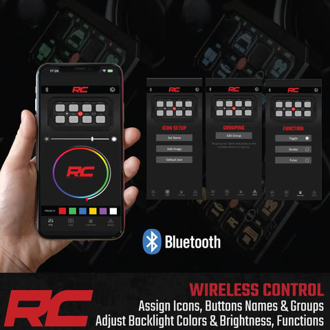Eight Gang Bluetooth RGB Backlit Switch Panel and Relay System for Universal Light and Off Road Accessory Control app interface on phone