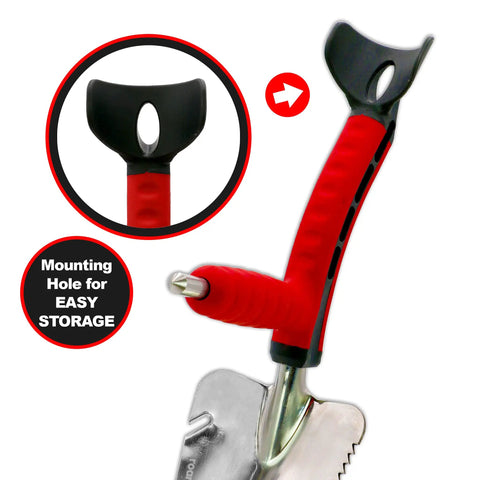 Close-up of Multi Digger Dual Grip Garden Hand Trowel with soft-touch ergonomic handles and mounting hole for storage.