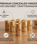 Polished Brass Hidden Cabinet Hinges 12mm Cylindrical Concealed Hinges With 180 Degree Opening displayed on wooden surface