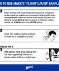 Instructions for using FlightGuard airplane pressure relief earplugs with 26dB NRR and 33dB SNR for pain-free travel.