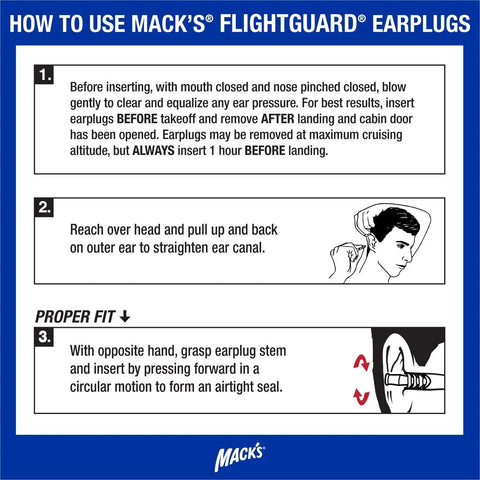Instructions for using FlightGuard airplane pressure relief earplugs with 26dB NRR and 33dB SNR for pain-free travel.