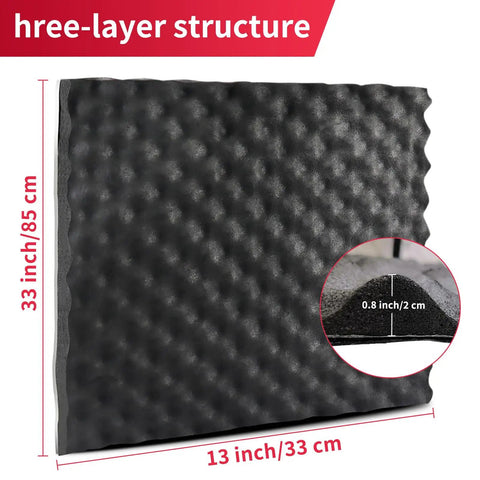 Professional Grade Self Adhesive Acoustic Foam Panels With Egg Crate Wave Design for sound dampening, 33x13 inches, black foam texture.