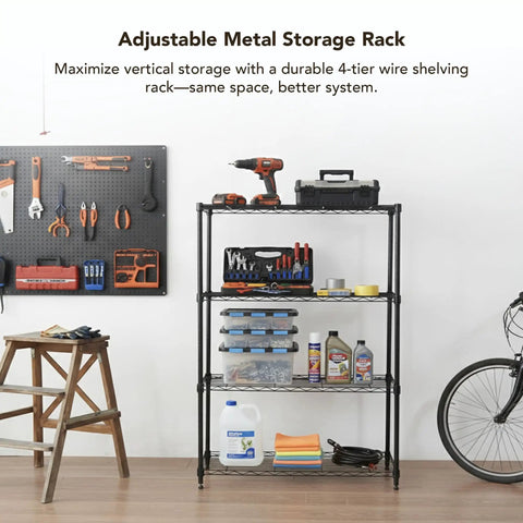 Front view of Heavy Duty 4 Tier Wire Shelving Unit Black Storage Rack For Garage Pantry Closet And Office Adjustable with tools on shelves.