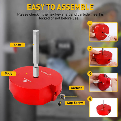 PVC Fitting Saver With 3 Inch Aluminum Head, Pro Grade Pipe Reamer And Socket Saver With 0.315 In Hex Shaft For Water Lines, Drains, And Vents - assembly steps displayed