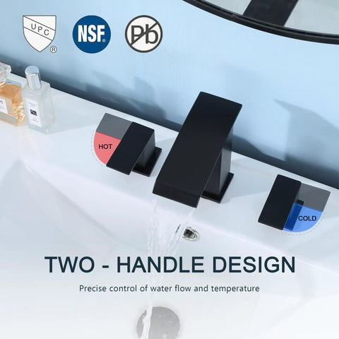 Black two-handle bathroom faucet on white sink with hot and cold labels, design not matching RV Bathroom Sink Faucet Brushed Nickel
