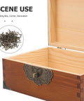 Open wooden box with vintage latch, showcasing Old School Box Corner Protectors Set for Wood Furniture and Cabinets, 50Pcs.