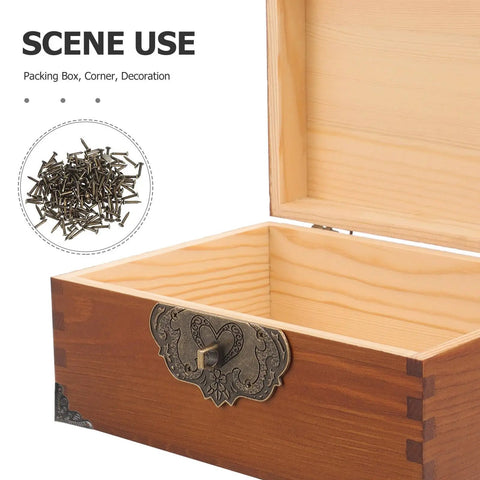 Open wooden box with vintage latch, showcasing Old School Box Corner Protectors Set for Wood Furniture and Cabinets, 50Pcs.