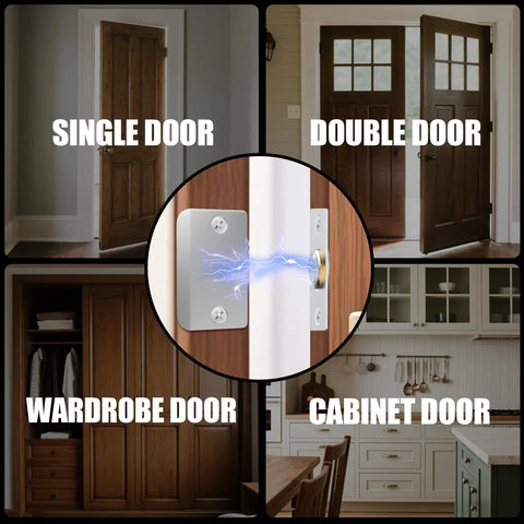 Upgraded Super Sturdy Magnetic Door Catch Adjustable Silent Ball Latch For Closet And French Doors Concealed Heavy Duty Slide Replacement Clean Silver 2 Pack shown across various door types.