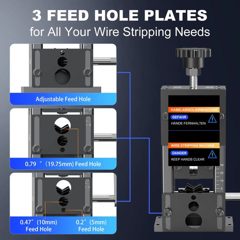 Heavy Duty Manual Wire Stripping Tool For Scrap Copper Wires 0.06 To 1.18 Inch Range With Three Feed Hole Plates Drill Compatible Cable Stripper