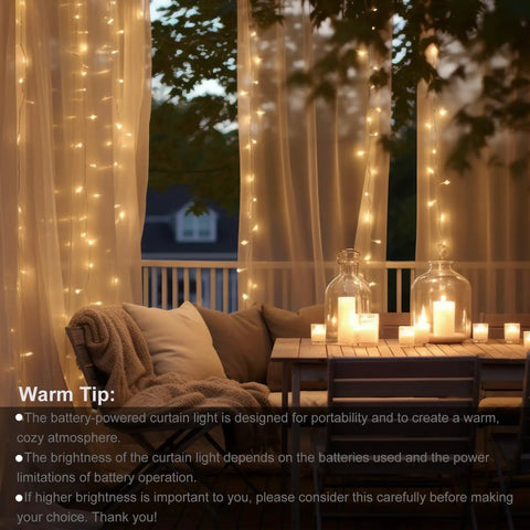 Battery Operated Fairy Curtain Lights With Remote Timer Nine Point Eight Feet By Nine Point Eight Feet Of Warm White LEDs hanging on patio