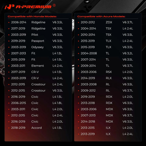 Compatibility chart for Engine Oil Filler Cap For Honda Accord Civic CRV Ridgeline Pilot Odyssey Passport Element Fit And Acura TSX TL RSX RLX RDX MDX ILX From 2003 To 2019 Models Easy Install, showing Honda and Acura model years.