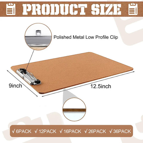 Image of a 12.5 x 9 inch clipboard with polished metal low profile clip, part of a Six Pack Hardboard Clipboards For Letter Size 8.5 By 11 Inches.