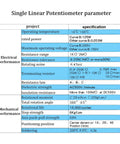 Technical specifications table for single linear potentiometer, covering electrical and mechanical performance parameters.
