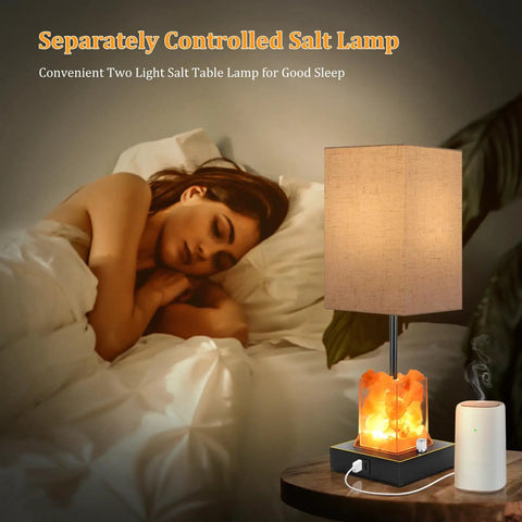 Touch Table Lamp With USB Ports And Himalayan Salt Nightstand Light on bedside table, warm glow, woman sleeping nearby