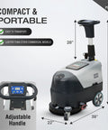 Battery Powered Walk Behind Floor And Carpet Scrubber Buffer Polisher with adjustable handle and portable design, 28x22x45 inches.
