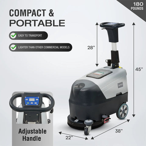 Battery Powered Walk Behind Floor And Carpet Scrubber Buffer Polisher with adjustable handle and portable design, 28x22x45 inches.