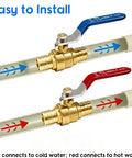 3/4 Inch Brass PEX Ball Valve Set Full Port Quarter Turn Shutoff with red and blue handles for hot and cold water supply