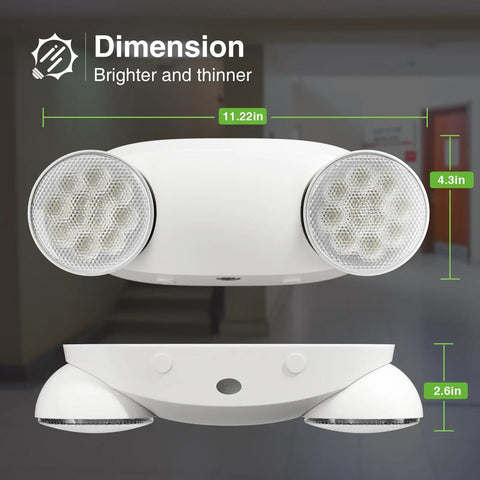 10 Pack Hard Wired LED Emergency Lights With Battery Backup Featuring Two Adjustable Heads For Commercial Exit Lighting UL 924 Certified Reliable Biz Safety Lighting During Power Outages And Emergencies, shown with dimensions.