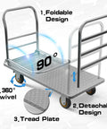 Beefy Flatbed Platform Cart With Detachable Guardrail For Barrels And Heavy Loads, 48 By 24 Inch, 2000 Lbs Capacity, Six Inch Swivel Casters