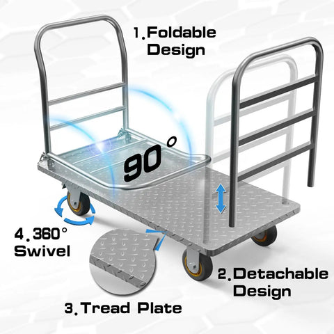 Beefy Flatbed Platform Cart With Detachable Guardrail For Barrels And Heavy Loads, 48 By 24 Inch, 2000 Lbs Capacity, Six Inch Swivel Casters