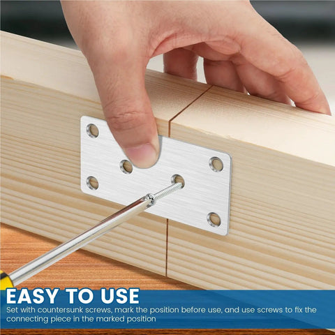 Kickass Stainless Steel Mending Plates 20 Piece Set With Pre Drilled Screws securing wood joints during furniture repair.